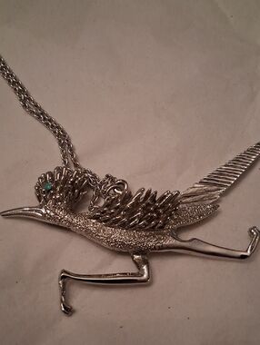 Vintage Silvertone Road Runner Pendant Necklace with Turquoise Bead Accent